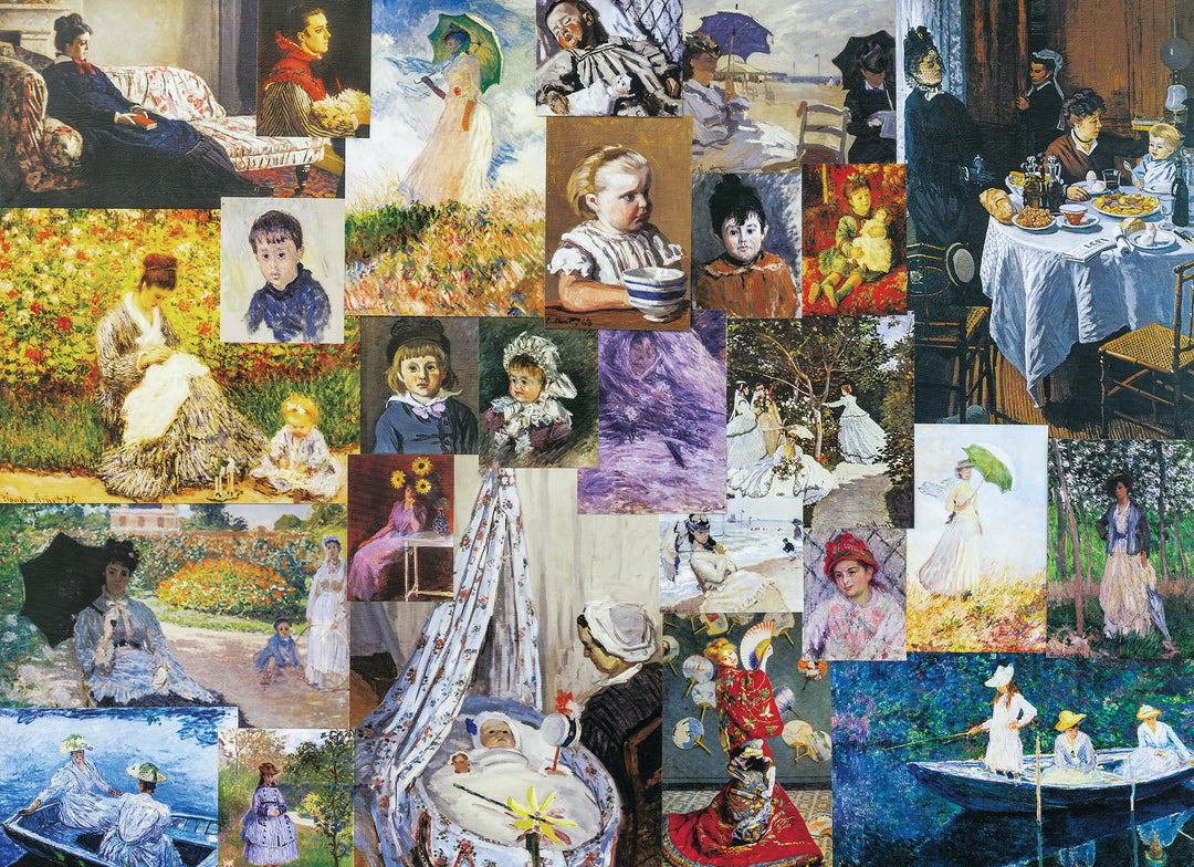 An Aether Puzzle collage of various portraits by Claude Monet, depicting different scenes and subjects, such as women, children, and landscapes, primarily in a style that captures light and emotion.