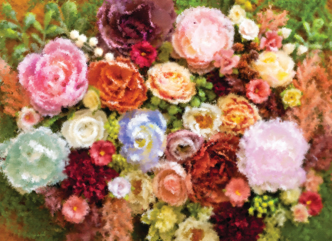 An Aether jigsaw puzzle depicting a vibrant and colorful floral arrangement, with a mix of different types of flowers filled with soft blush, coral, burgundy, and periwinkle hues.